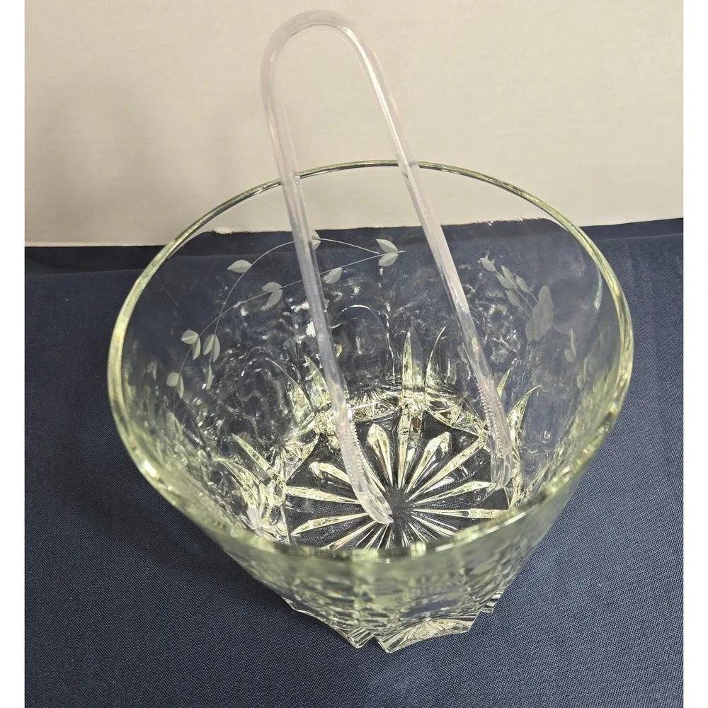 1980's Princess House Heritage Etched Crystal Glass Ice Bucket w/Spork Tongs